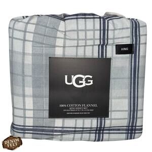 UGG 100% Cotton Flannel Sheet Set King Blue Ocean Plaid 4-Piece Bedding NEW